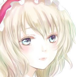 Rule 34 | 1girl, alice margatroid, blonde hair, blue eyes, blush, hairband, looking at viewer, portrait, short hair, simple background, solo, sui (camellia), touhou, white background