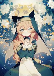 Rule 34 | 1girl, animal ear headwear, aqua eyes, armlet, artist name, black coat, black headwear, blue archive, blush, braid, closed mouth, coat, commentary request, double-parted bangs, dress, fake animal ears, floral background, flower, gold trim, gradient background, hair between eyes, halo, highres, kasuga haruhi, long hair, long sleeves, looking at viewer, mari (blue archive), multicolored background, orange hair, own hands together, puffy long sleeves, puffy sleeves, sailor collar, single braid, smile, solo, twitter username, upper body, veil, white dress, white flower, white sailor collar, yellow halo