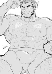 Rule 34 | 1boy, abs, bara, blush, boxers, bulge, chest hair, cowboy shot, erection, erection under clothes, fang, greyscale, hachimaki, harada (basashi), headband, large pectorals, long sideburns, looking at viewer, male focus, male underwear, mature male, monochrome, muscular, muscular male, navel, nipples, pectorals, short hair, sideburns, solo, stomach, tajikarao (housamo), thick thighs, thighs, tokyo houkago summoners, underwear, underwear only, veins