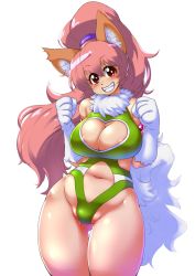 Rule 34 | 1girl, animal ears, bare legs, bare shoulders, breasts, cat ears, cat girl, cleavage, cleavage cutout, clothing cutout, curvy, female focus, happy, highleg, highleg leotard, highres, large breasts, leotard, long hair, looking at viewer, partially visible vulva, paw print, perisie (star ocean), pink hair, ponytail, red eyes, ryoi, shiny skin, simple background, smile, solo, star ocean, star ocean first departure, thick thighs, thighs, thong leotard, upper body, very long hair, white background