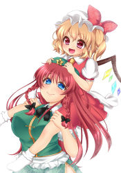 Rule 34 | &gt;:d, 2girls, :d, blonde hair, blue eyes, braid, breasts, carrying, chinese clothes, fang, flandre scarlet, hair ribbon, hat, heart, heart-shaped pupils, highres, hirasawa yuu, hong meiling, large breasts, long hair, looking at another, multiple girls, open mouth, red eyes, red hair, ribbon, shoulder carry, side ponytail, sitting, sitting on shoulder, smile, star-shaped pupils, star (symbol), symbol-shaped pupils, touhou, v-shaped eyebrows, wings