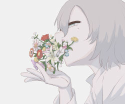 Rule 34 | 1boy, absurdres, avogado6, collared shirt, commentary, flower, flower in mouth, grey hair, highres, long sleeves, male focus, mole, mole under eye, open hand, open mouth, original, portrait, shirt, short hair, solo, symbolism, teeth, upper teeth only, white background, white eyes