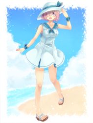 Rule 34 | 1girl, :d, alternate costume, blue sailor collar, blush, breasts, collarbone, dress, fate/grand order, fate (series), full body, glasses, hair over one eye, highres, looking at viewer, mash kyrielight, medium breasts, nail polish, open mouth, pink hair, pink nails, purple eyes, rectangular eyewear, red nails, sailor collar, sailor dress, sakuyabm, semi-rimless eyewear, short dress, short hair, sleeveless, sleeveless dress, smile, solo, standing, toenail polish, toenails, under-rim eyewear, white background, white dress, wrist cuffs