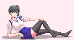 Rule 34 | 10s, 1girl, black hair, black thighhighs, blue skirt, breasts, brown eyes, collarbone, full body, hakama, hakama short skirt, hakama skirt, iwatobi hiro, japanese clothes, kaga (kancolle), kantai collection, looking at viewer, lying, medium breasts, miko, muneate, on side, side ponytail, skirt, solo, tasuki, thighhighs