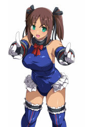 Rule 34 | 1girl, alice gear aegis, blue leotard, blue one-piece swimsuit, blue thighhighs, breasts, brown hair, cosplay, dark-skinned female, dark skin, dead or alive, frilled leotard, frilled thighhighs, frills, green eyes, highres, kaneshiya sitara, large breasts, leotard, long hair, looking at viewer, marie rose, marie rose (cosplay), one-piece swimsuit, open mouth, pointing, pointing at viewer, simple background, smile, solo, swimsuit, thighhighs, twintails, white background, yukitaka