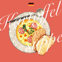 Rule 34 | bread, carrot, cheese, food, food focus, food name, german flag, highres, meat, nasie, no humans, original, plate, potato soup, red background, simple background, soup, spoon
