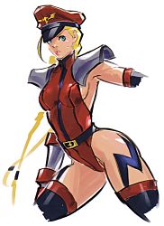Rule 34 | 1girl, ahoge, alternate costume, antenna hair, blonde hair, blue eyes, braid, breasts, cammy white, capcom, cosplay, cropped arms, cropped legs, cropped limbs, hat, impossible clothes, leotard, long hair, looking at viewer, lowres, m. bison, m bison (cosplay), marker (medium), medium breasts, no legs, official art, peaked cap, red leotard, scar, shoulder pads, sideboob, simple background, sketch, solo, street fighter, street fighter iv (series), thighhighs, traditional media, twin braids, white background