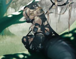 Rule 34 | 1girl, ahoge, arknights, black hair, black jacket, black thighhighs, blurry, blurry background, closed mouth, commentary, crocodilian tail, dappled sunlight, day, expressionless, forest, from behind, highres, holding, holding staff, hood, hood up, in tree, jacket, large tail, looking at viewer, looking back, multicolored hair, nature, off shoulder, outdoors, shade, short hair with long locks, silver hair, sitting, sitting in tree, skindentation, solo, staff, streaked hair, sunlight, tail, thighhighs, tomimi (arknights), torn clothes, torn thighhighs, tree, two-tone hair, yellow eyes, yohhiie