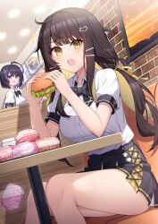 Rule 34 | 2girls, :o, ahoge, black bow, black bowtie, black hair, black skirt, blonde hair, blush, bow, bowtie, breasts, burger, cat hair ornament, colored inner hair, commentary request, eating, english text, food, hair ornament, hairclip, highres, holding, holding food, large breasts, long hair, looking at viewer, multicolored hair, multiple girls, open mouth, original, puffy short sleeves, puffy sleeves, purple eyes, purple hair, school uniform, short sleeves, sitting, skirt, streaked hair, t@ke-g, table, thighs, yellow eyes