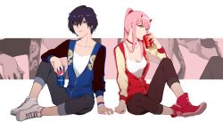 Rule 34 | 10s, 1boy, 1girl, absurdres, aqua eyes, bad id, bad pixiv id, blue eyes, blue horns, breasts, can, chenaze57, cleavage, coca-cola, collarbone, darling in the franxx, drinking, hairband, highres, hiro (darling in the franxx), holding, holding can, horns, jacket, long hair, medium breasts, open clothes, open jacket, pants, pants rolled up, pepsi, pink hair, ponytail, red horns, shirt, shoes, short hair, sitting, sneakers, white hairband, white shirt, zero two (darling in the franxx)