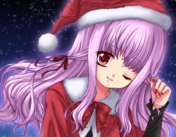 Rule 34 | 1girl, cape, christmas, gore screaming show, hair ribbon, hat, long hair, looking at viewer, night, one eye closed, oyu (user knws7432), purple hair, red cape, red eyes, red ribbon, ribbon, santa costume, santa hat, sky, smile, solo, star (sky), starry sky, twirling hair, yuka (gore screaming show)