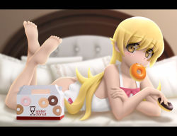 Rule 34 | 1girl, apron, ass, bare shoulders, barefoot, bed, blonde hair, box, brand name imitation, doughnut, feet, food, letterboxed, long hair, long legs, lying, mister donut, monogatari (series), mouth hold, on stomach, oshino shinobu, pillow, pointy ears, siraha, smile, soles, solo, the pose, toes, yellow eyes