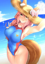 Rule 34 | 10s, 1girl, animal ear fluff, animal ears, arm up, armpits, bare shoulders, beach, blue one-piece swimsuit, blue sky, blush, bow, breasts, collarbone, competition swimsuit, covered navel, day, ears through headwear, fate/extra, fate (series), fox ears, fox tail, hair between eyes, hand on own chest, hat, highleg, highleg swimsuit, hip focus, kirisaki byakko, large breasts, long hair, looking at viewer, ocean, one-piece swimsuit, pink hair, sky, smile, solo, sparkle, straw hat, swimsuit, tail, tamamo (fate), tamamo no mae (fate/extra), thighs, tongue, tongue out, yellow eyes