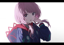 Rule 34 | 1girl, blue eyes, blue jacket, hand in own hair, highres, hood, hood down, hooded jacket, jacket, kaf (kamitsubaki studio), kamitsubaki studio, letterboxed, long hair, looking at viewer, low twintails, multicolored eyes, nekoreito, open mouth, pink hair, sidelighting, simple background, solo, twintails, upper body, virtual youtuber, white background, yellow pupils