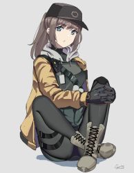 Rule 34 | 1girl, absurdres, black pantyhose, blue eyes, boots, combat boots, dier (girls&#039; frontline), dima (girls&#039; frontline), gar32, genderswap, genderswap (mtf), girls&#039; frontline, highres, long hair, pantyhose, ponytail, signature, simple background, sitting, skirt, solo, thigh strap