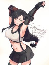 Rule 34 | 1girl, armpits, arms up, bare shoulders, black gloves, black hair, black skirt, black thighhighs, breasts, brown eyes, closed mouth, collarbone, contrapposto, copyright name, cowboy shot, crop top, dated, earrings, elbow gloves, final fantasy, final fantasy vii, fingerless gloves, floating hair, gauntlets, gloves, gradient background, jewelry, large breasts, long hair, looking at viewer, low-tied long hair, midriff, miniskirt, nagu, navel, parted bangs, pleated skirt, shirt, simple background, skirt, sleeveless, sleeveless shirt, smile, solo, standing, stomach, stretching, suspenders, tank top, thighhighs, tifa lockhart, white background, white shirt, zettai ryouiki