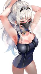 Rule 34 | 1girl, an-94 (girls&#039; frontline), armpits, arms up, bare arms, bare shoulders, black dress, blue eyes, blush, breasts, breath, cleavage, commentary request, covered navel, cowboy shot, dress, gas mask, girls&#039; frontline, grey panties, hair between eyes, hairband, highres, large breasts, long hair, mask, microdress, mirei, panties, ponytail, sidelocks, silver hair, simple background, sleeveless, sleeveless dress, solo, standing, sweat, thighs, tying hair, underwear, white background