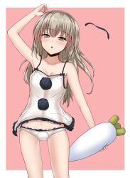 Rule 34 | 1girl, adapted costume, alternate costume, alternate hairstyle, bad id, bad twitter id, blush, border, bow, grey eyes, grey hair, lani (pink  pink), long hair, looking at viewer, mononobe no futo, no headwear, open mouth, outside border, panties, pink background, pom pom (clothes), ribbon, shirt, simple background, sleeveless, solo, touhou, underwear, white panties