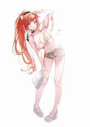 Rule 34 | 1girl, absurdres, arm up, bag, bikini, character name, full body, hand on own thigh, highres, holding, holding bag, leaning to the side, long hair, looking at viewer, nijisanji, open mouth, ponytail, ratna petit, red eyes, red hair, red panda ears, sandals, shia job, short shorts, shorts, simple background, smile, solo, standing, swimsuit, very long hair, virtual youtuber, white background, white bag, white bikini, white footwear