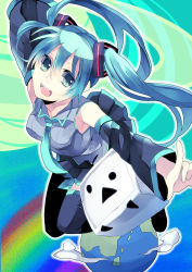 Rule 34 | 1girl, aqua eyes, aqua hair, detached sleeves, earth (planet), hatsune miku, highres, long hair, looking at viewer, mihatarou, necktie, niconico, open mouth, outstretched arms, rainbow, skirt, smile, solo, spread arms, thighhighs, twintails, very long hair, vocaloid