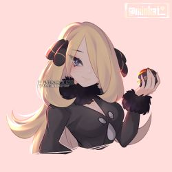 Rule 34 | 1girl, black coat, blonde hair, closed mouth, coat, commentary, commission, creatures (company), cynthia (pokemon), english commentary, eyelashes, fur-trimmed coat, fur collar, fur trim, game freak, grey eyes, hair ornament, hair over one eye, hand up, holding, holding poke ball, long hair, looking at viewer, luxury ball, nintendo, nyamuh, pink background, poke ball, pokemon, pokemon dppt, simple background, smile, solo, upper body, watermark, web address