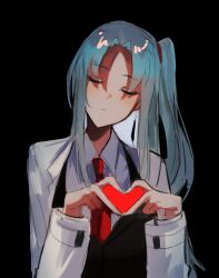 Rule 34 | 1girl, angela (project moon), black background, black vest, blue hair, closed eyes, closed mouth, coat, collared shirt, heart, heart hands, highres, lobotomy corporation, long hair, long sleeves, msx (mis4xi), necktie, one side up, parted bangs, project moon, red necktie, shirt, sidelocks, simple background, smile, solo, upper body, very long hair, vest, white coat, white shirt