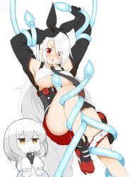 Rule 34 | 2girls, :o, absurdly long hair, armpits, arms up, ass, azur lane, bare shoulders, belt pouch, black footwear, black gloves, black hairband, black neckwear, black skirt, black sleeves, blush, breasts, cap105, cellphone, chibi, chibi inset, clenched hand, collared shirt, colored skin, commentary request, compiler (azur lane), cowboy shot, crop top, detached sleeves, dress, eyes visible through hair, frilled dress, frills, gloves, hair between eyes, hair over one eye, hairband, high-waist skirt, highres, holding, holding phone, large breasts, leg belt, long hair, long sleeves, medium hair, mole, mole under eye, multiple girls, necktie, open mouth, pale skin, parted bangs, phone, pleated skirt, pouch, prinz heinrich (azur lane), puffy long sleeves, puffy sleeves, red eyes, restrained, ribbed shirt, rudder footwear, shirt, sidelocks, simple background, siren (azur lane), compiler (azur lane), skirt, sleeves past fingers, sleeves past wrists, smartphone, solo focus, standing, standing on one leg, sweat, taking picture, tentacles, underboob, very long hair, very long sleeves, white background, white dress, white hair, white shirt, white skin, yellow eyes