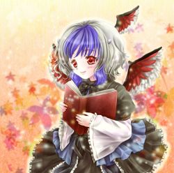Rule 34 | 1girl, bird wings, book, capelet, dress, eyelashes, female focus, gradient background, head wings, highres, leaf, light particles, lips, long sleeves, looking away, multicolored hair, open book, red eyes, ribbon, short hair, smile, solo, tokiko (touhou), touhou, tsukiori sasa, two-tone hair, wings