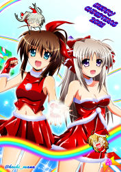 Rule 34 | &gt; &lt;, 2021, 4girls, :d, absurdres, alternate costume, aqua eyes, bare shoulders, blonde hair, bow, breasts, brown hair, chibi, christmas, clenched hand, commentary request, dress, dutch angle, einhard stratos, english text, fingerless gloves, floating, fuka reventon, fur-trimmed dress, fur-trimmed shirt, fur-trimmed skirt, fur collar, fur trim, gift, gloves, green hair, grey hair, hat, highres, jitome, long hair, looking at viewer, lyrical nanoha, mahou shoujo lyrical nanoha, medium breasts, medium hair, merry christmas, midriff, mini person, minigirl, miniskirt, multiple girls, navel, open mouth, partial commentary, pleated skirt, purple eyes, rainbow, rappasan05, red bow, red gloves, red headwear, red shirt, rinne berlinetta, santa costume, santa dress, santa gloves, santa hat, shirt, short dress, side-by-side, sidelocks, skirt, smile, sparkle, standing, strapless, strapless dress, twintails, twitter username, vivid strike!, vivio