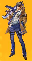 Rule 34 | 1boy, apex legends, assault rifle, belt, black belt, black hair, blue necktie, blue pants, brown footwear, brown jacket, cable, collared shirt, crypto (apex legends), full body, gun, hair behind ear, hand in pocket, highres, holding, holding gun, holding weapon, inconspicuous crypto, jacket, male focus, necktie, official alternate costume, orange-tinted eyewear, pants, r-301 carbine, rifle, shirt, solo, sunglasses, thundergotch, tinted eyewear, weapon, white shirt, yellow background