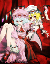 Rule 34 | 2girls, :d, ascot, bat wings, blonde hair, bloomers, blue hair, bobby socks, chyko, fang, female focus, flandre scarlet, frills, grin, hat, highres, legs, lying, mary janes, multiple girls, nail polish, on stomach, open mouth, outstretched arm, red eyes, remilia scarlet, shoes, short hair, siblings, sisters, sitting, smile, socks, touhou, underwear, wings, wrist cuffs