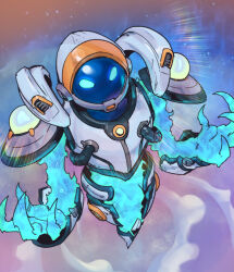 Rule 34 | 1boy, astronaut, astronaut xerath, blue skin, claws, colored skin, creature, glowing, glowing eyes, gradient background, green eyes, hands up, helmet, league of legends, magic, multicolored background, phantom ix row, solo, space helmet, xerath