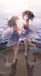 Rule 34 | 2girls, :d, ^ ^, absurdres, anmi, bare legs, bare shoulders, barefoot, beach, blush, breasts, brown hair, choker, cleavage, closed eyes, commentary request, day, detached sleeves, dress, closed eyes, footprints, full body, highres, long sleeves, looking at viewer, multiple girls, ocean, one side up, open mouth, original, outdoors, purple choker, purple dress, purple eyes, silver hair, small breasts, smile, strapless, strapless dress, sunlight, walking, water