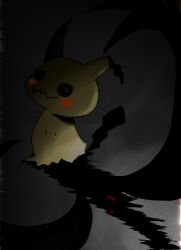 Rule 34 | black background, black eyes, black theme, blank eyes, creatures (company), dark, different shadow, from behind, full body, game freak, gen 7 pokemon, glitch, gradient background, grey background, highres, horror (theme), looking at viewer, looking back, mimikyu, nintendo, no humans, pokemon, pokemon (creature), rize (r), simple background, solo, tears