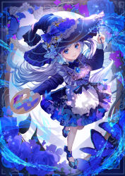 Rule 34 | 1girl, apron, blue bow, blue bowtie, blue dress, blue eyes, blue ribbon, blue theme, blush, bow, bowtie, brooch, bug, butterfly, commentary request, dot nose, dress, frilled dress, frills, from above, full body, grey hair, grin, hat, high collar, high heels, highres, holding, holding paintbrush, holding palette, insect, jewelry, komorihikki, long bangs, long hair, long sleeves, looking at viewer, mirror, open mouth, original, paintbrush, palette (object), ribbon, sidelocks, sleeve cuffs, smile, solo, teeth, waist apron, walking, white apron, witch, witch hat