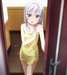 Rule 34 | 1girl, amatsuki mashiro, apartment, bare shoulders, blush, breasts, door, highres, legs, looking at viewer, naked towel, one room, petite, purple eyes, purple hair, screencap, small breasts, solo, stitched, third-party edit, towel, wet, wet hair