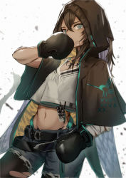 Rule 34 | 1girl, arknights, bandaid, bandaid on face, belt, black belt, black hair, black jacket, black pantyhose, boxing gloves, commentary, cowboy shot, crop top, crop top overhang, cutoffs, flint (arknights), grey eyes, grey shirt, grey shorts, hair between eyes, highres, hood, hooded jacket, jacket, lodbyy, long hair, looking at viewer, midriff, navel, open clothes, open jacket, pantyhose, pantyhose under shorts, shirt, shorts, solo, standing, stomach, torn clothes, torn pantyhose, white background
