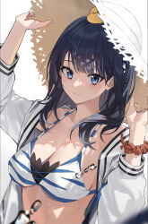 1girl absurdres bankongping bikini bikini_top_only black_hair blue_eyes breasts chinese_commentary cleavage closed_mouth commentary_request derivative_work gridman_universe hand_on_headwear hat highres large_breasts long_hair looking_at_viewer multicolored_bikini open_clothes open_shirt rubber_duck scrunchie shirt simple_background smile solo ssss.gridman straw_hat swimsuit takarada_rikka two-tone_bikini upper_body white_background white_shirt wrist_scrunchie