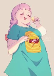 Rule 34 | 1girl, absurdres, aqua dress, blush, braid, breasts, chips (food), closed eyes, cloudxmoe, commentary, cowboy shot, dress, english commentary, fat, food, highres, holding, holding food, jasminka antonenko, little witch academia, long hair, medium breasts, open mouth, pink hair, potato chips, short sleeves, sidelighting, simple background, solo, tareme, thick arms, twin braids