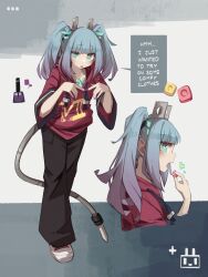 Rule 34 | 1girl, :d, absurdres, black pants, blue hair, blush, casual, commentary, drawstring, english commentary, green eyes, hand up, heart, highres, holding, hood, hood down, hoodie, looking at viewer, multiple views, nail polish, open mouth, original, pants, profile, purple nails, red hoodie, short sleeves, smile, tail, togekk0, twintails, wide sleeves