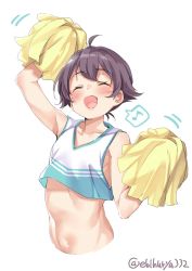 Rule 34 | 1girl, ahoge, cheerleader, crop top, ebifurya, eighth note, closed eyes, highres, kantai collection, midriff, musical note, navel, open mouth, pom pom (cheerleading), purple hair, sakawa (kancolle), short hair, simple background, smile, solo, spoken musical note, upper body, white background