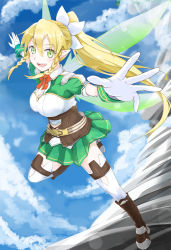 Rule 34 | 10s, 1girl, blonde hair, boots, braid, brown footwear, cross-laced footwear, fairy wings, gloves, green eyes, highres, knee boots, lace-up boots, leafa, long hair, outstretched arms, pointy ears, ponytail, spread arms, sword art online, twin braids, very long hair, wings, yakku