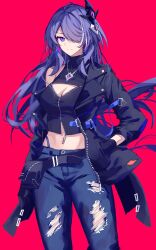 Rule 34 | 1girl, absurdres, acheron (honkai: star rail), ahoge, armpit crease, belt, black belt, black gloves, black jacket, black shirt, commentary, cowboy shot, denim, earrings, gloves, hair ornament, hair over one eye, hand in pocket, highres, honkai: star rail, honkai (series), jacket, jeans, jewelry, midriff, multicolored hair, navel, necklace, open clothes, open jacket, pants, partially unzipped, purple hair, red background, shirt, simple background, single bare shoulder, solo, sparks summer, streaked hair, torn clothes, torn jeans, torn pants, zipper, zipper pull tab