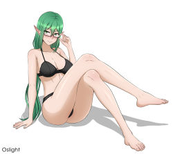 Rule 34 | 1girl, absurdres, arm support, artist name, ass, bare legs, barefoot, black bra, black panties, blush, bra, breasts, closed mouth, commentary, crossed legs, dungeon ni deai wo motomeru no wa machigatteiru darou ka, english commentary, feet, frilled bra, frilled panties, frills, full body, glasses, green eyes, green hair, hair between eyes, highres, large breasts, legs, lingerie, long hair, long legs, oslight, panties, pointy ears, riveria ljos alf, shadow, shiny skin, simple background, solo, thighs, toes, underwear, underwear only, white background