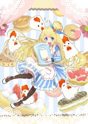 Rule 34 | 1girl, absurdres, alice (alice in wonderland), alice in wonderland, bad id, bad pixiv id, bird, blonde hair, blue eyes, blush, bow, chicken, dress, galibo, hair bow, highres, long hair, mary janes, pantyhose, shoes, solo