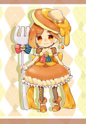 Rule 34 | 1girl, absurdres, argyle, argyle clothes, argyle legwear, black pantyhose, bow, brooch, brown hair, butter, eyebrows, food, food-themed hair ornament, fork, full body, futakawa makoto, hair ornament, highres, jewelry, looking at viewer, morinaga &amp; company, morinaga (brand), orange bow, orange eyes, orange footwear, orange skirt, original, oversized object, pancake, pantyhose, personification, shoes, short hair, skirt, smile, solo, standing, striped, striped bow, thick eyebrows