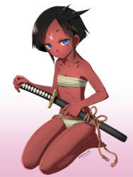 Rule 34 | 1girl, artist name, barefoot, black hair, blue eyes, blush, breasts, collarbone, colored skin, commission, eudetenis, facial mark, forehead mark, full body, gradient background, highres, holding, holding sword, holding weapon, looking at viewer, navel, original, panties, red skin, sarashi, scar, scar on face, scar on forehead, seiza, sheath, sheathed, short hair, sitting, small breasts, solo, sword, underwear, underwear only, weapon, white panties