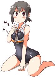 Rule 34 | 10s, 1girl, 3:, 3:&lt;, alternate costume, bare shoulders, between legs, black hair, blush, blush stickers, cosplay, framed breasts, fubuki (kancolle), hair between eyes, hand between legs, hand on own chest, highres, i-13 (kancolle), i-13 (kancolle) (cosplay), kantai collection, looking at viewer, mitsuyanabe (carp sandaime), ponytail, sailor collar, school swimsuit, short ponytail, simple background, sitting, solo, sweatdrop, swimsuit, v-shaped eyebrows, wariza, wavy mouth, white background