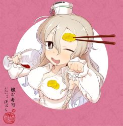 Rule 34 | 10s, 1girl, ;d, ahoge, artist name, breasts, chaki (teasets), character name, chopsticks, cleavage, cup, drinking glass, drooling, drunk, food, hat, holding, holding cup, holding drinking glass, kantai collection, large breasts, long hair, mini hat, mouth drool, one eye closed, open mouth, pola (kancolle), red wine, shirt, smile, solo, takuan, thick eyebrows, translated, upper body, white shirt, wine, wine glass
