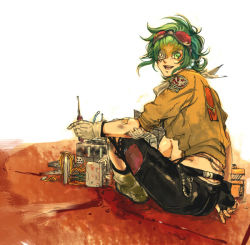 Rule 34 | 1girl, female focus, fixing, full body, gloves, goggles, green eyes, green hair, gumi, matching hair/eyes, pants, repairing, science fiction, short hair, solo, vocaloid, white background